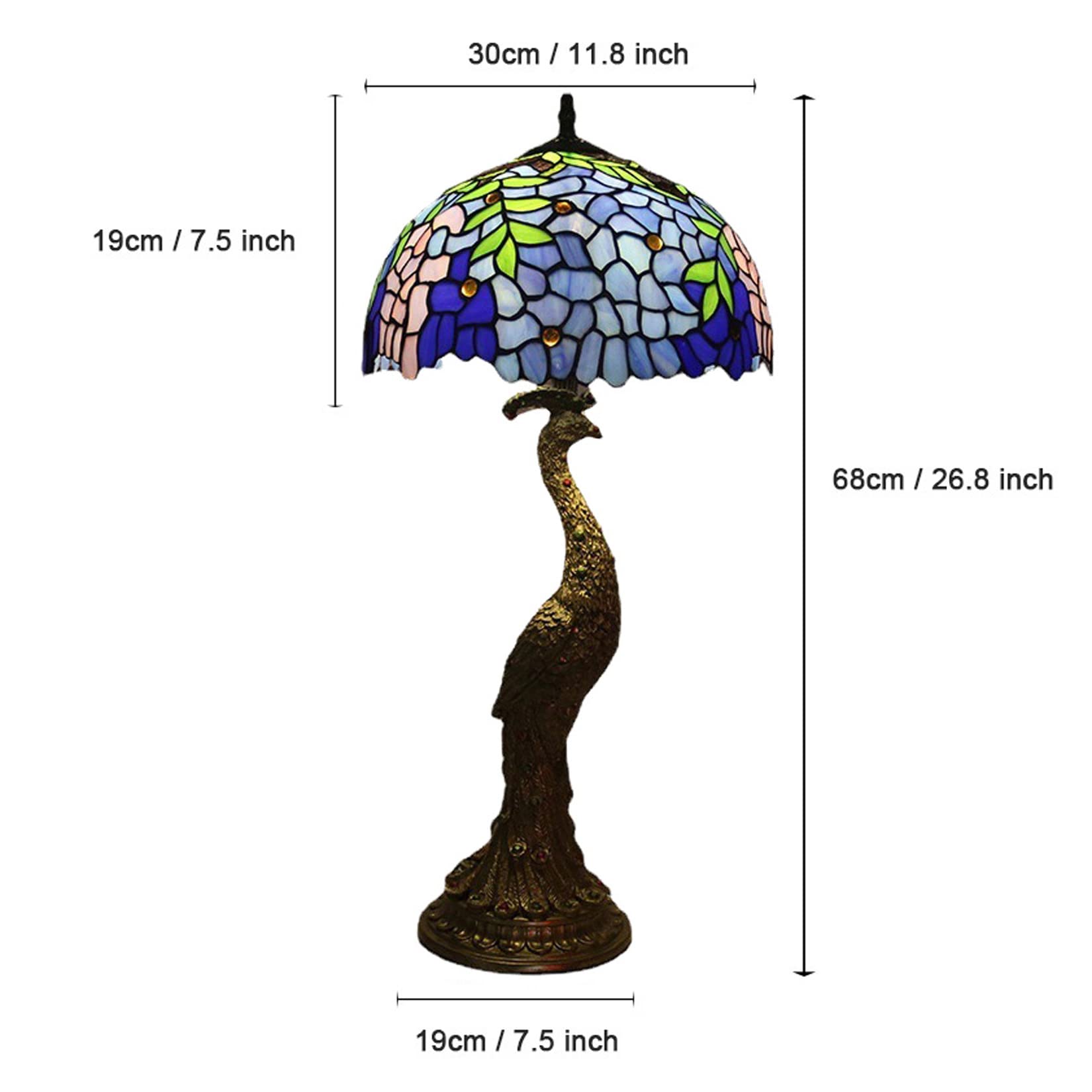 BOTOWI Tiffany-Stil Pfau Tischlampe Pastorale Nachttischlampe aus Buntglas Trauben Glyzinien Schreibtisch-Leselampen für Schlafzimmer-Nacht-Café-Bar, 12 Zoll,Wisteria