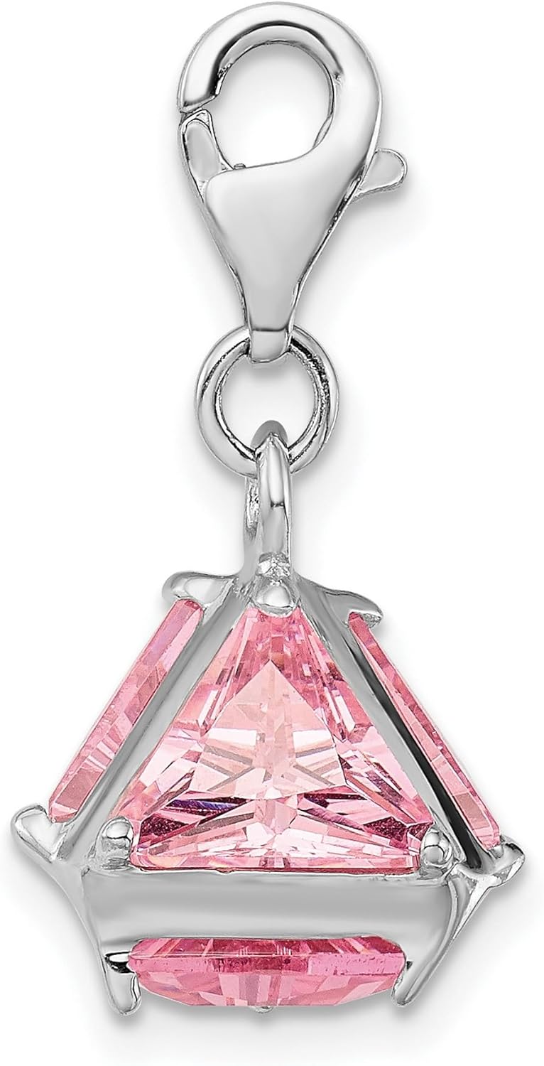 Sterling Silver Dangle Charm with Triangular Pink Gemstone, Modern Geometric Pendant for Bracelet or Necklace, Feminine Jewelry Design with Lobster Clasp, Layering or Stackable Fashion Accessory