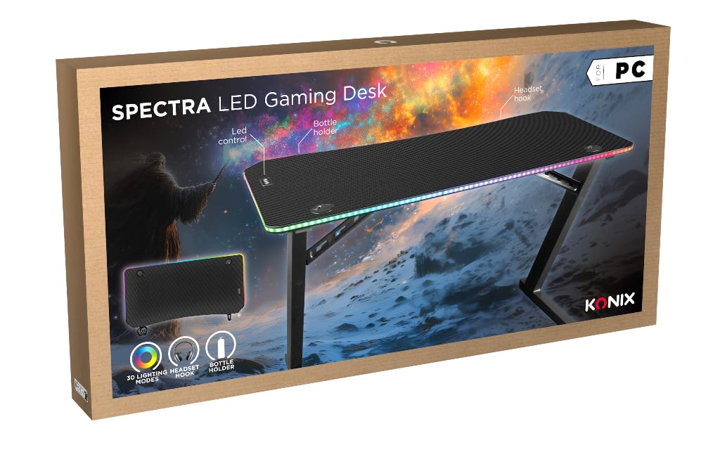 Konix Escritorio Gaming Spectra 120 x 60 x 75 cm en Forma de Z - 30 Modos luz LED - Estructura metál - Portavasos - Soporte para Auriculares - Negro