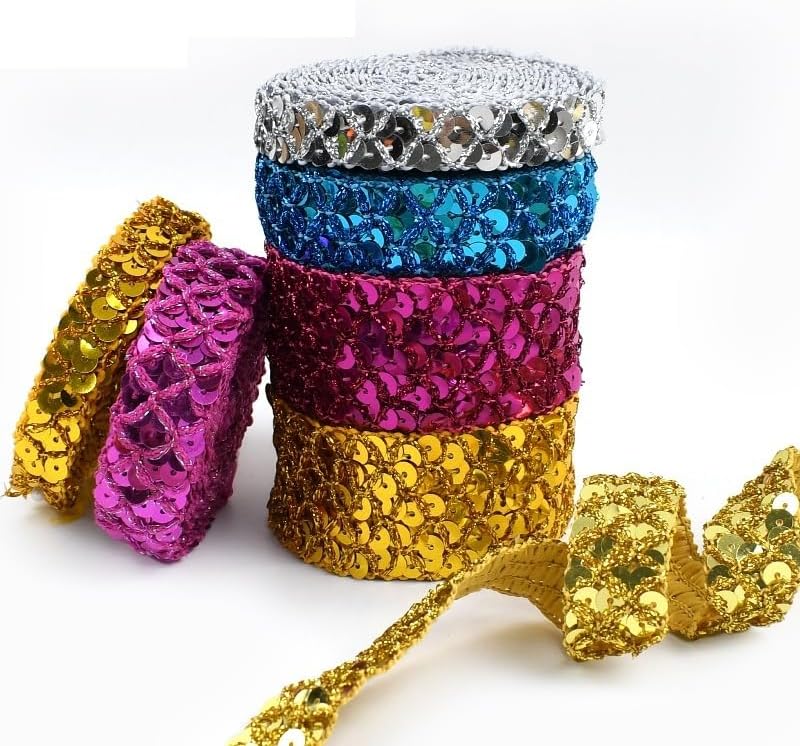 Sequin Ribbon Trim 10meters Flat Sequin Strip Braided Trimming Sequins Fabric for Sewing Making Crafts Dresses Costume Supply(LightGold,35mm-10Meters)