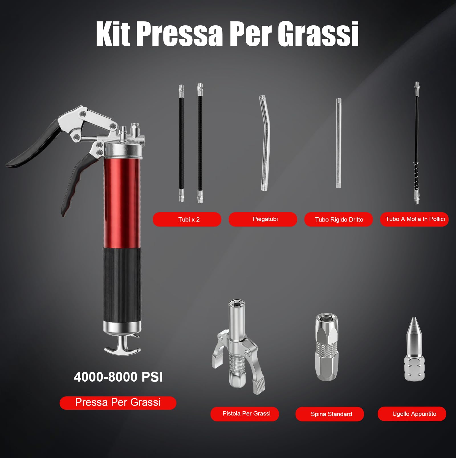 Pistola per Grasso Manuale 8000 PSI con Attacco Rapido, Tubo Flessibile, Tubo Metallico di Estensione e Ugello Affilato, Kit Ingrassatore per Auto, Veicoli e Attrezzature Industriali, Cartuccia 400g