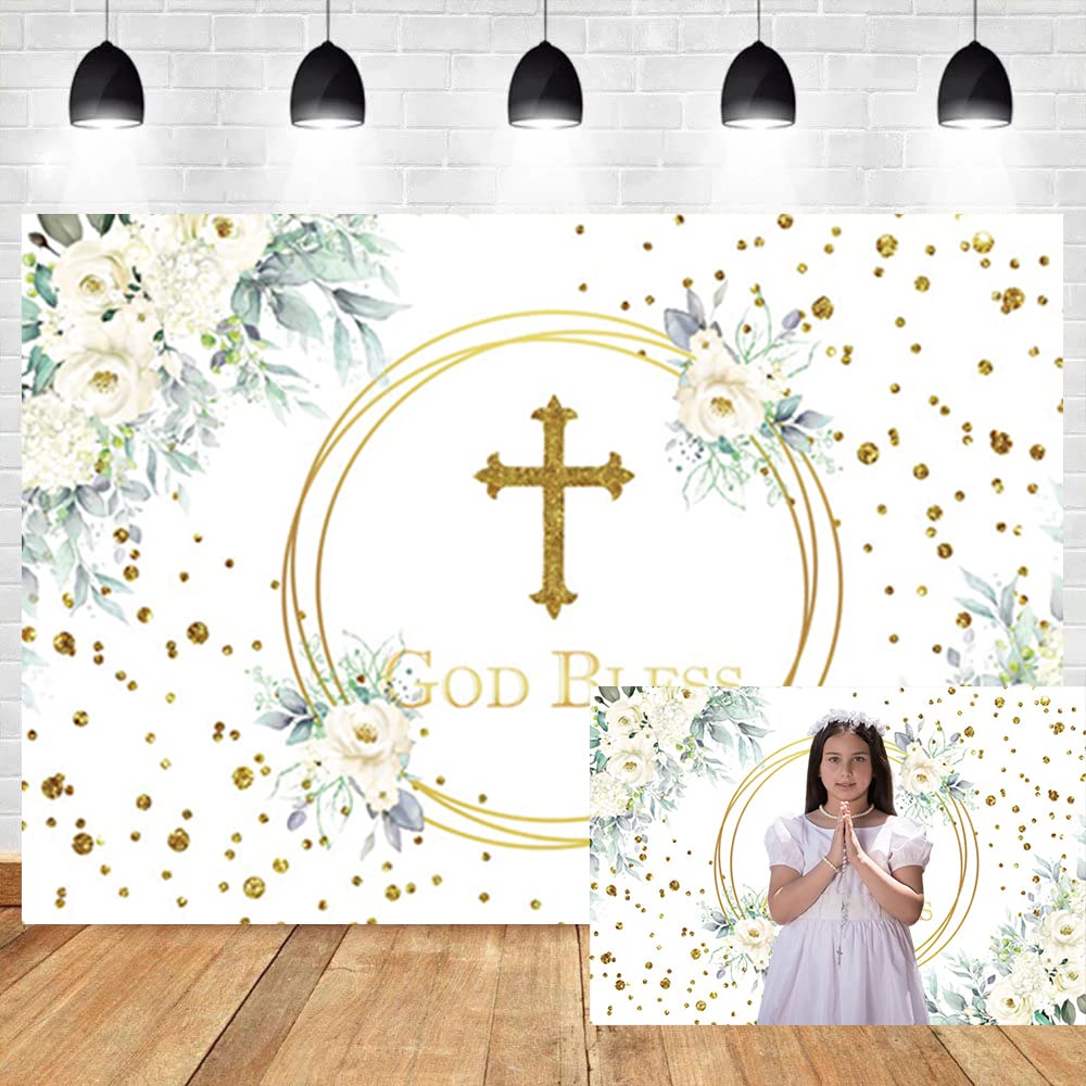 OERJU 6x4ft God Bless Backdrop First Holy Communion Baptism Background Floral Green Leaves Gold Dots Christening Baby Shower Newborn Birthday Party Decorations Banner Photo Booth Props