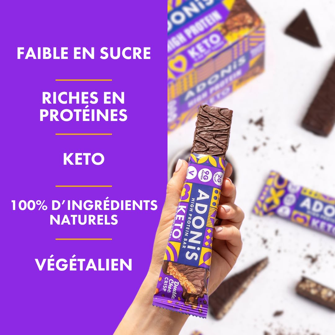 Barres Adonis Keto Riches en Protéines aux Noisettes Croquantes et Chocolat (16 Barres de 45g) | Végétalien et Keto l 100% Naturel (Double Chocolat)