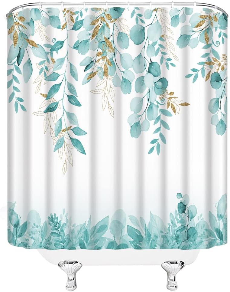 AMFD Teal White Shower Curtain Watercolor Eucalyptus Leaves Plant Leaf Botanical Decor Home Bathroom Bathtub Curtains Set Include Hooks,（70" Wx74.8 H）