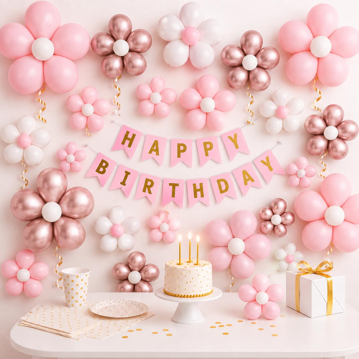 Party Propz Flower Balloons For Decoration - 60 Pcs | Pink And White Balloons For Birthday | Flower Clips | Flowers Decoration For Birthday Party | Happy Birthday Banner (Latex)-image-16