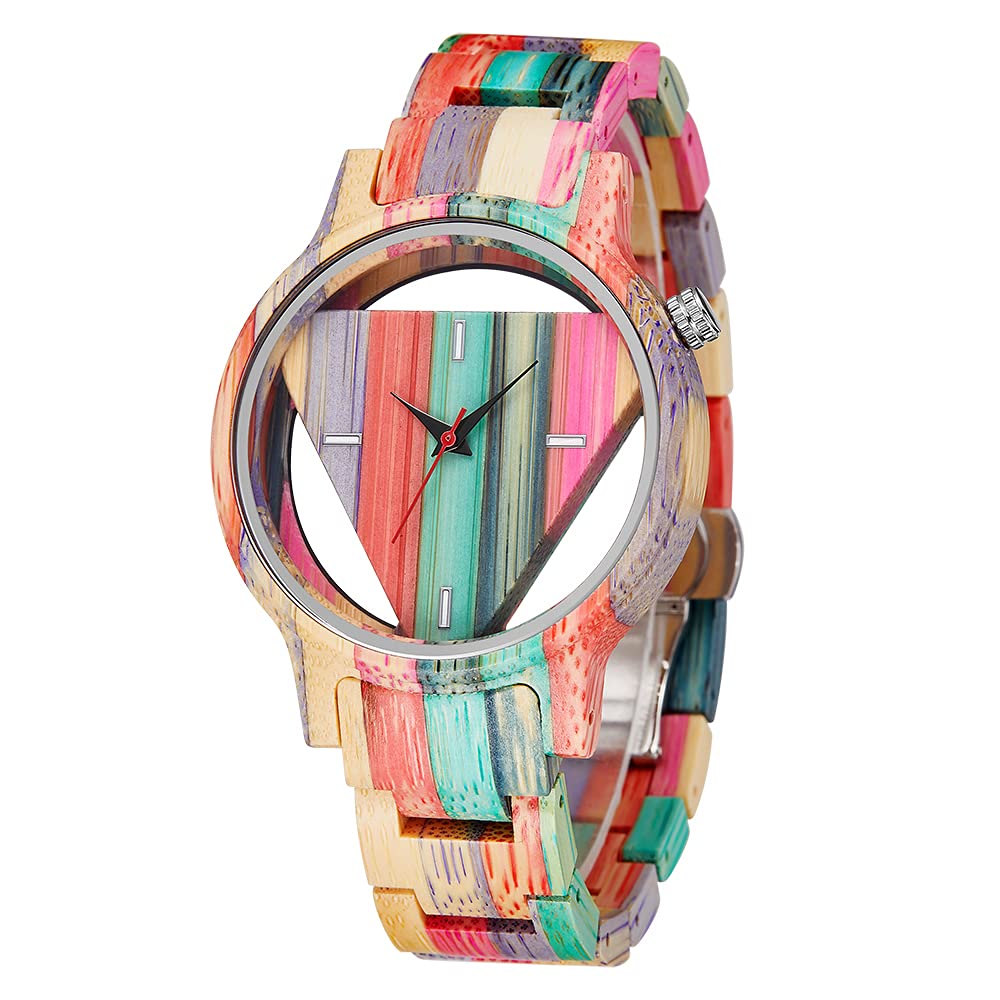 TiongWooden Watches for Women Men Inverted Geometric Zebra Wood Watch Unique Elegant Quartz Wooden Wrist Watch Hand-Made with Bamboo Bracelet Unisex