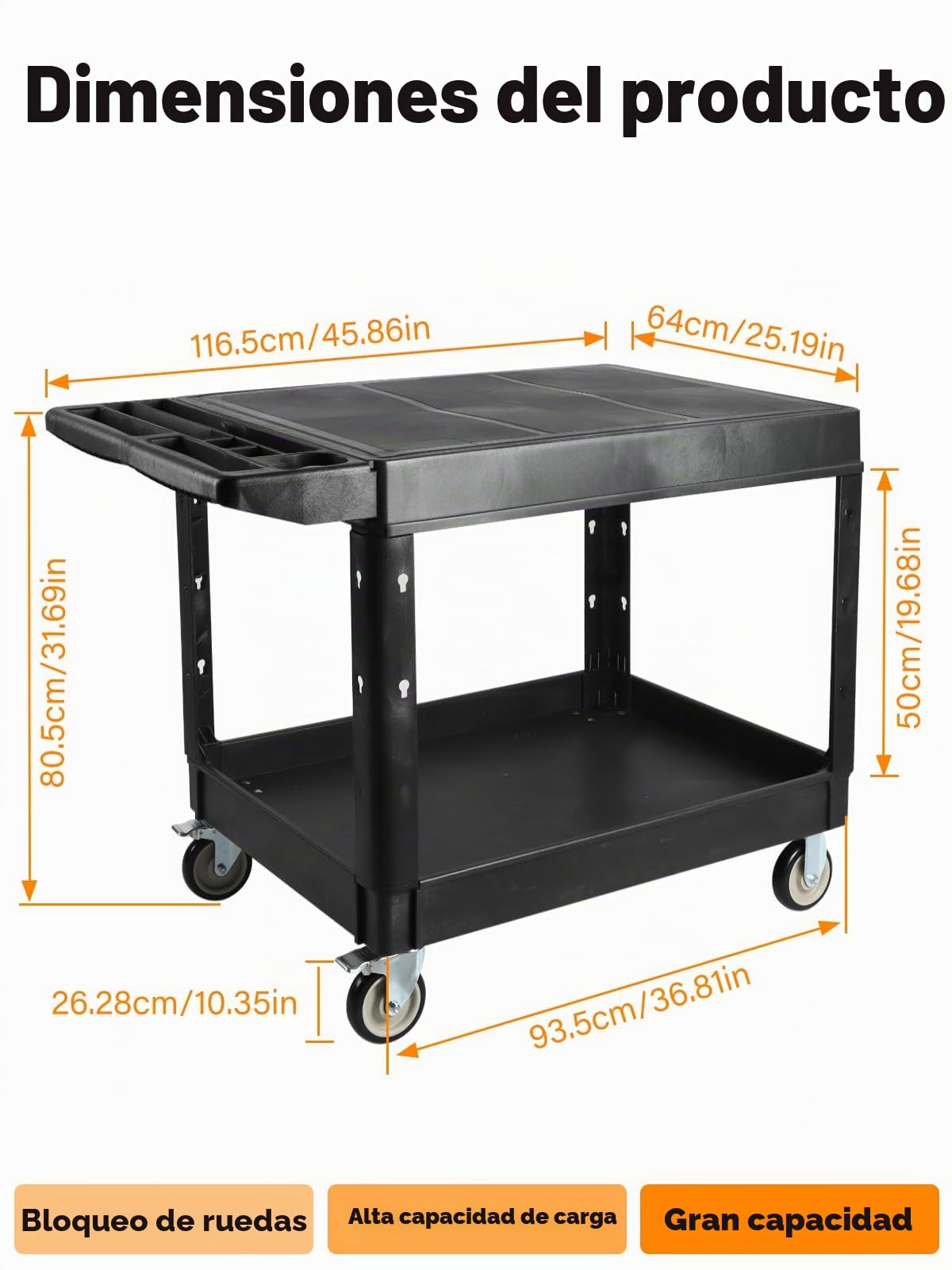 600 libras Carro Utilitario Sobre Ruedas, Kalolary Carro Rodante Capacidad Adicional 2 Niveles Carro Servicio Grande Multiusos con Asa Organizador Almacenamiento Negro Carro Herramientas Móvil Almacén