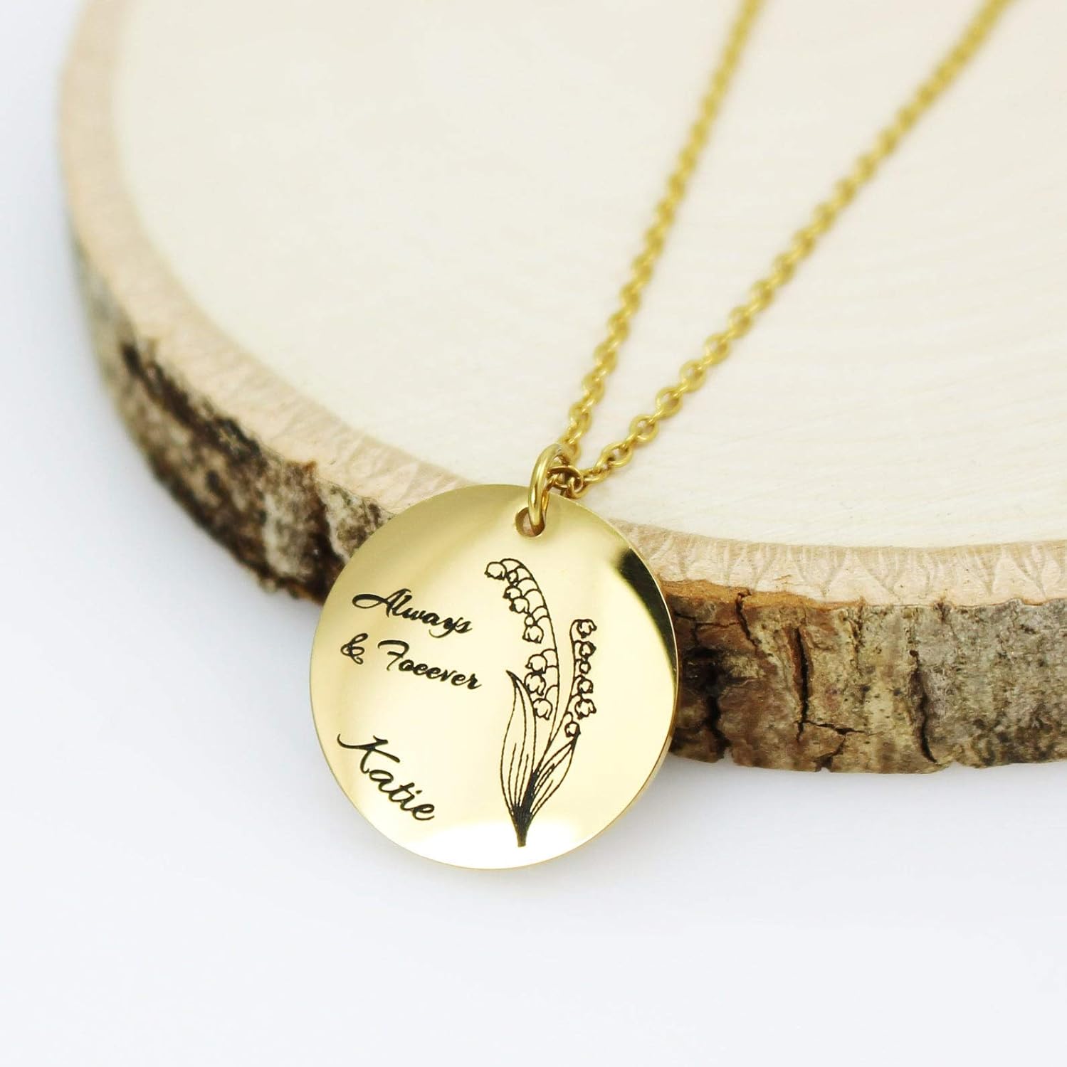 AnnBijoux Personalized Birth Flower Necklace Laser Engraved Birth Month Flower with Name Pendant Stainless Steel Silver Gold Rose Gold Jewelry