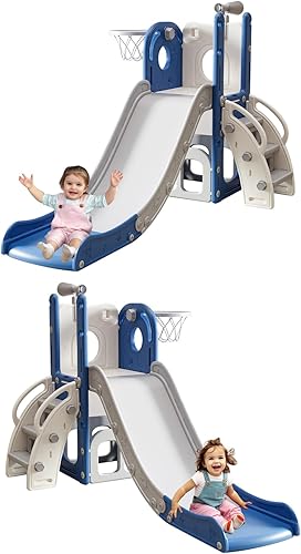 Tobogán para niños pequeños, juego de interior para niños pequeños con aro de baloncesto y telescopio de pelota