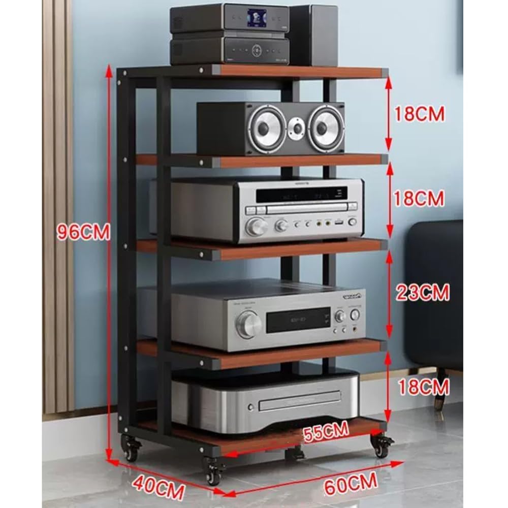 Wysokiej jakości czarny i tekowy 5-poziomowy stojak audio Hifi z kołem hamulcowym, stojak na nośniki AV, do komponentów audio, wideo, narożny stojak na sprzęt stereo, otwarta półka, zwiększona