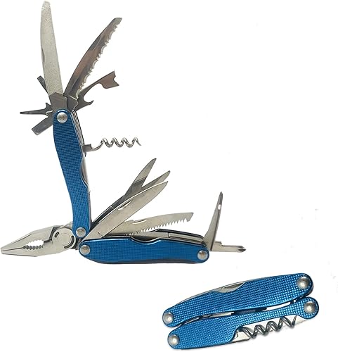 Multiherramienta versátil 15 en 1 de tamaño completo para bricolaje, hogar, jardín, al aire libre o transporte diario (EDC), azul