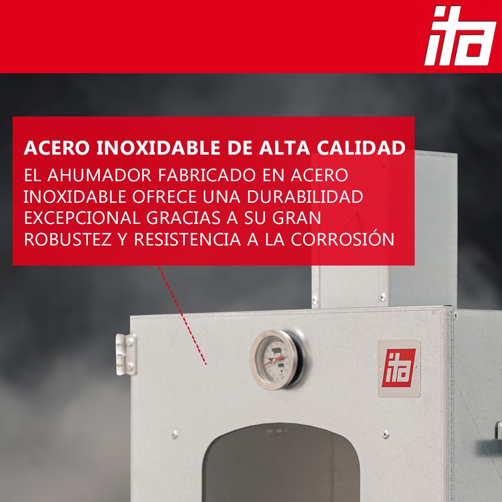 ITA Ahumador Eléctrico 7012 - Set de Smoker con Calefacción, Generador de Humo - Armario con Ventana y Chimenea - Acero Aleado - Calidad UE, Directo del Fabricante - 81 cm con 3 Estantes