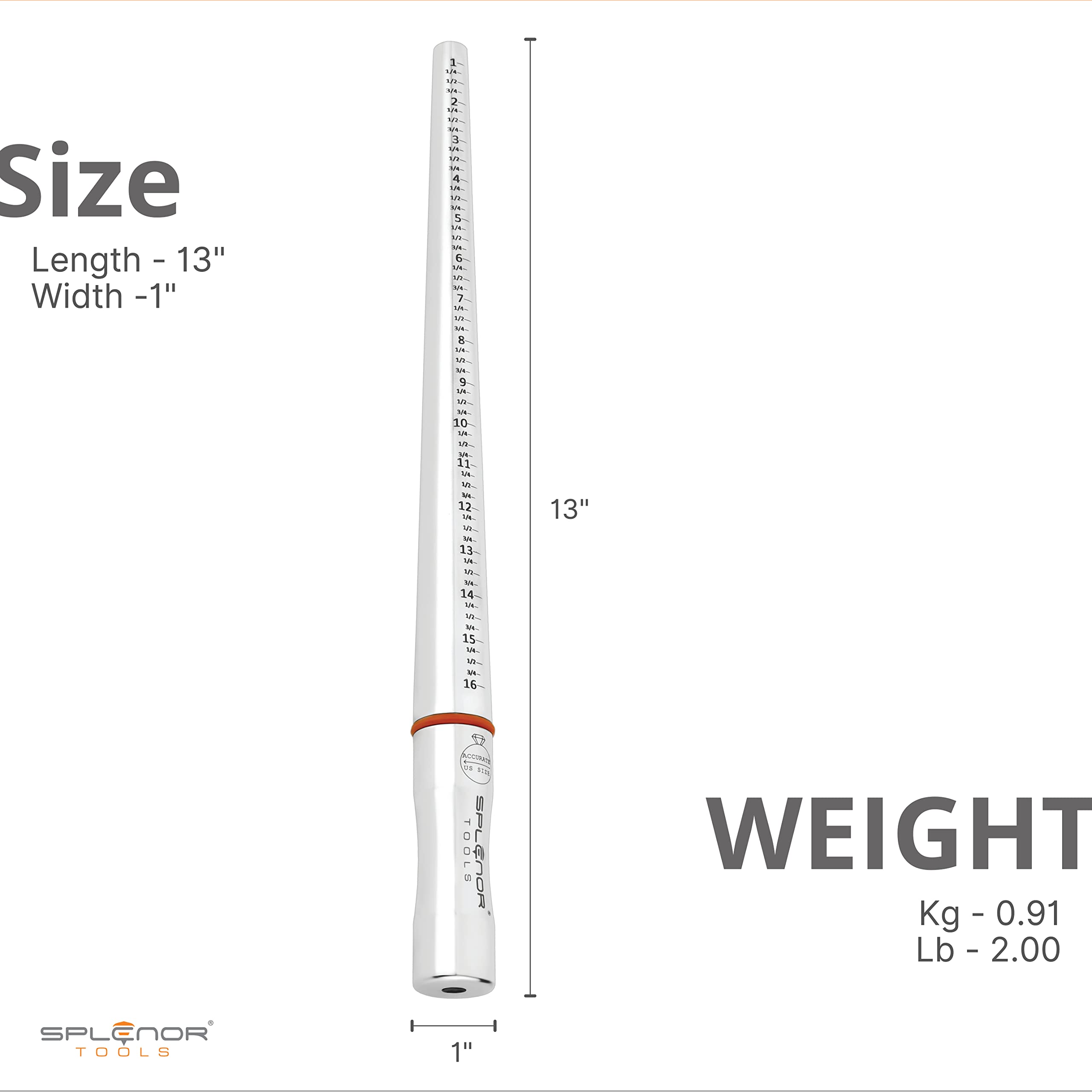 Splenor Tools 33 cm solidny trzpień pierścieniowy ze stali nierdzewnej bez rowków - do pomiaru i formowania pierścieni, narzędzie do produkcji biżuterii, rozmiar pierścionka, rozmiar (US 1-16)
