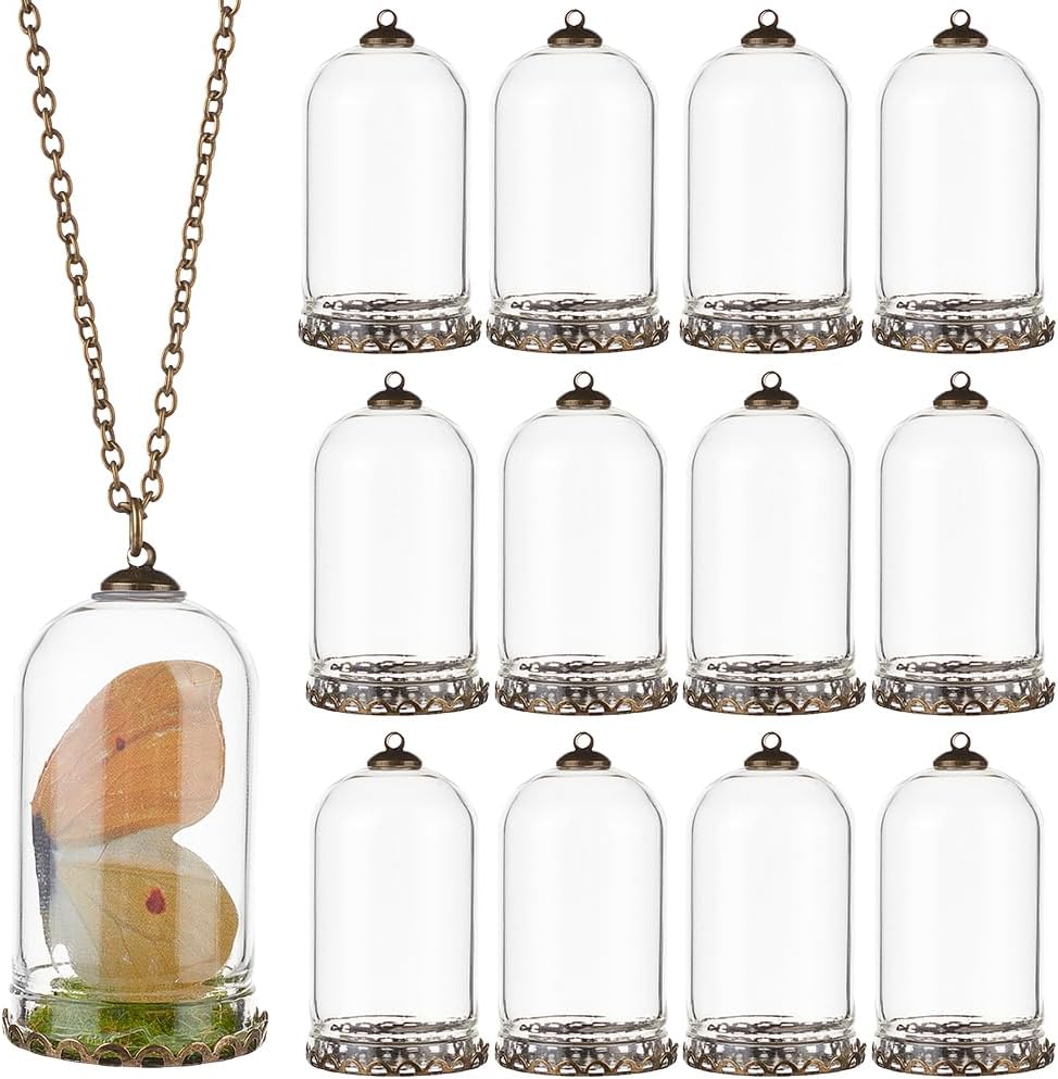 BENECREAT 12 Sets Clear Tube Glass Pendant with Findings, 1.8x1 Inch Hollow Glass Dome Vial Charms with Brass Base for Necklaces DIY Jewelry Making