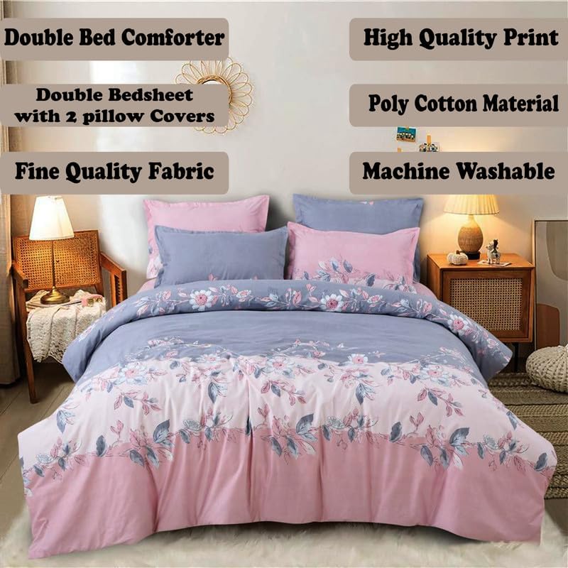 Image of Polycotton Printed 120 TC Comforter & Bedsheet Double Bed Bedding Set, Queen Size (90x100 inch), Pink & Blue, 4 Pieces