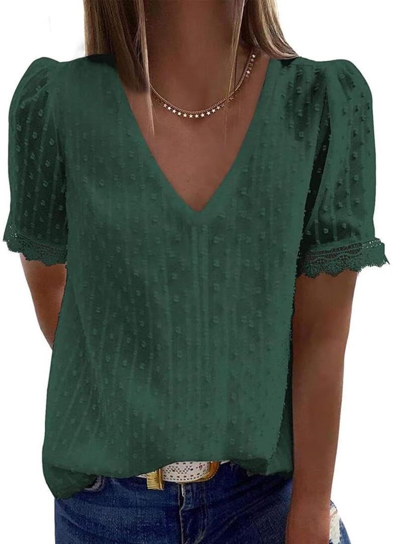FMCHICO Women's V Neck Lace Crochet Tunic Tops Flowy Casual Blouses Shirts