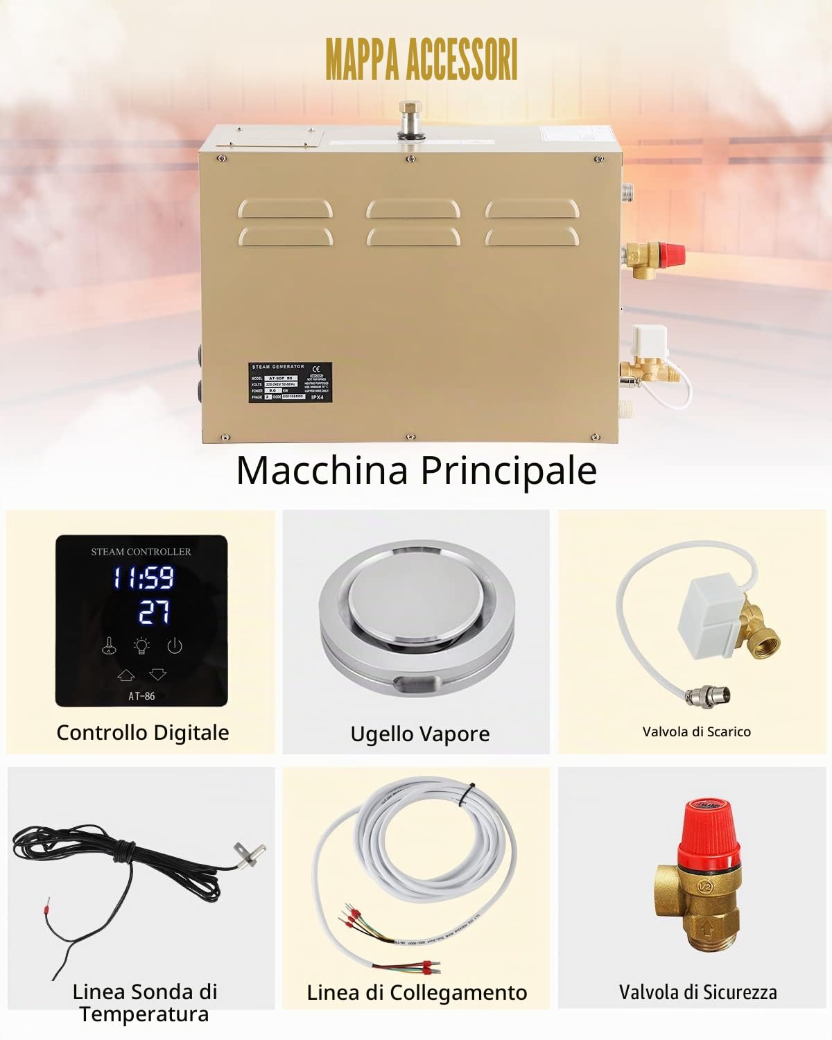 CGOLDENWALL Autodrenante Generatore di Sauna a Vapore 10.5KW per Carsa Commerciale Doccia/Bagno/Spa, con Controllo Intelligente a Sfioramento 25-55℃ per 10.5m³di Riscaldamento dello Spazio