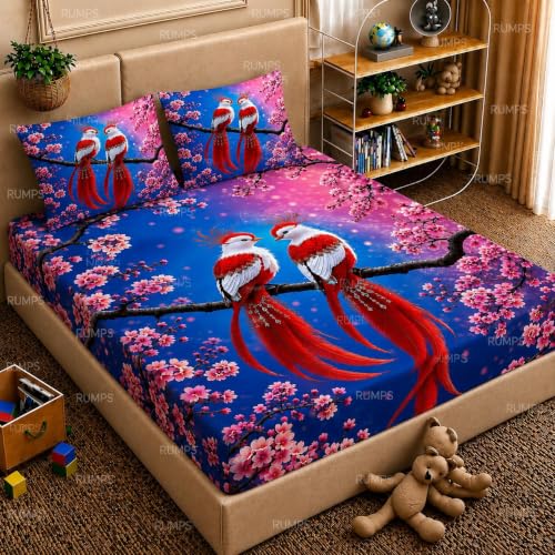 Image of RUMPS 7D Digital Printed Flat Bedsheet for Double Bed, King Size 90 x 100 Inches with 2 Pillow Covers, Soft Microfiber Fabric, Red Bird & Cherry Blossom Floral Design, Stylish Bedroom Bedsheet