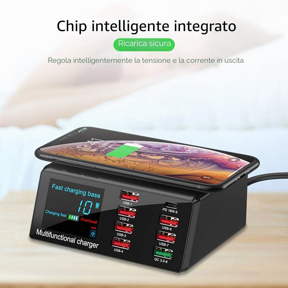 X9 - Caricatore USB wireless a 8 porte, ricarica rapida PD + QC3.0 + stazione di ricarica USB con display a LED, compatibile con telefono/laptop/tablet spina UE