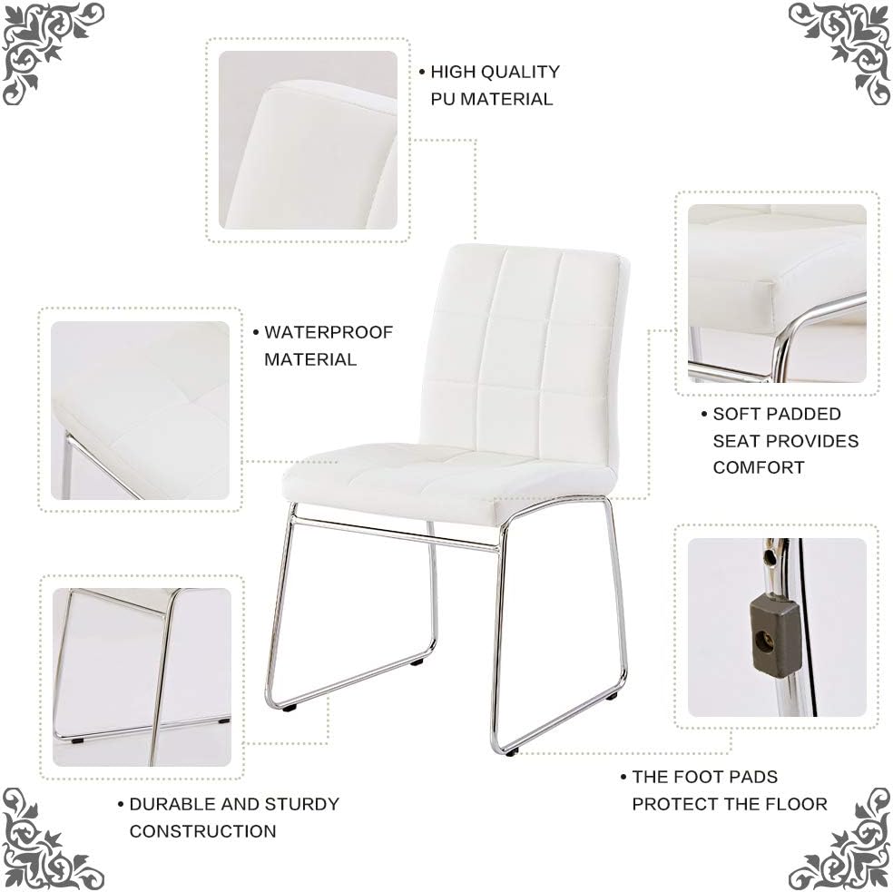 White Dining Chairs Set of 2 - Faux Leather Dining Chairs, Comfortable Modern Kitchen Chairs with Chrome Legs for Dining Room Chairs, Living Room, Bedroom, Waiting Room Chairs - Chairs