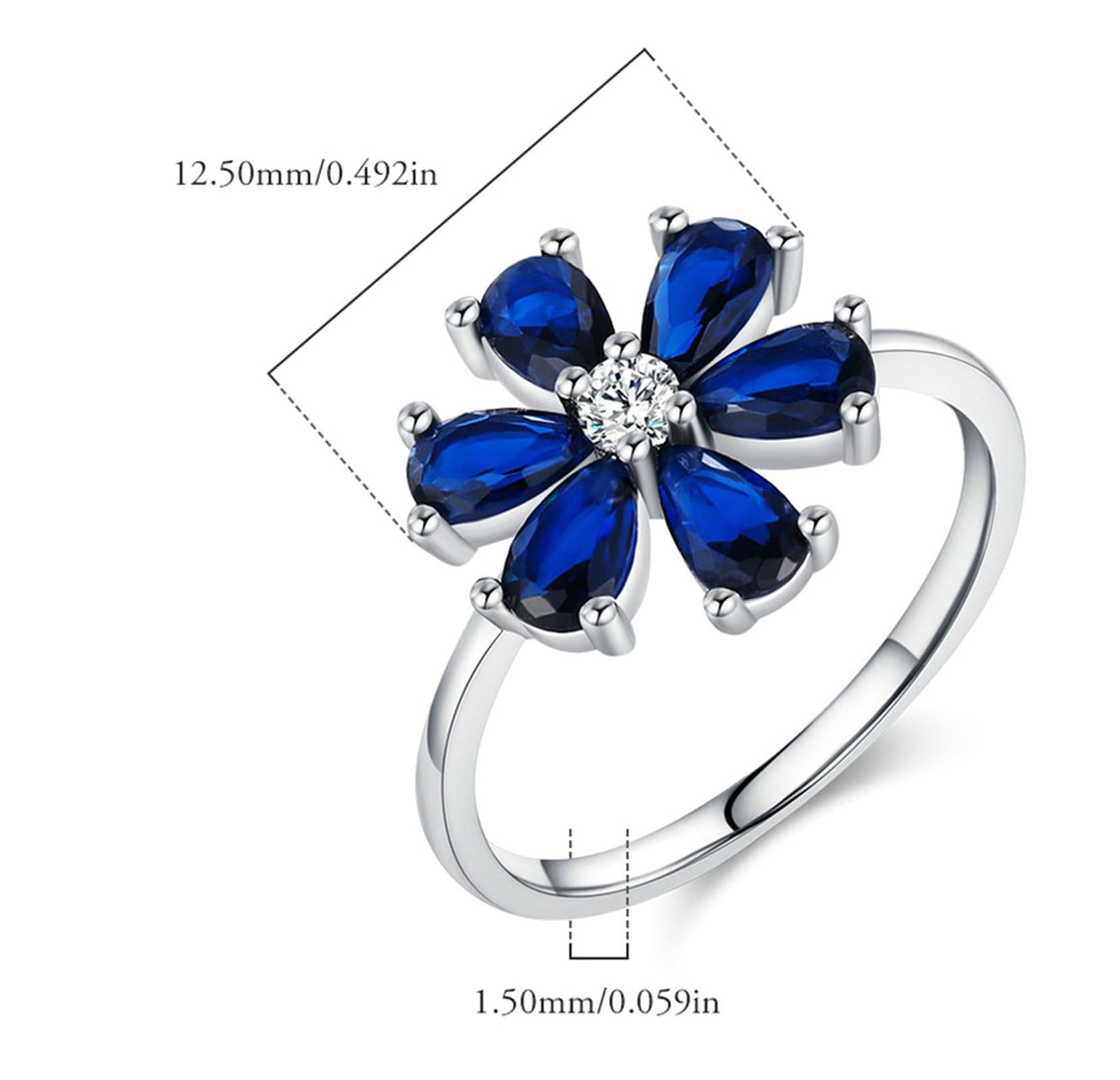 Anillo de oro blanco de 9 K/14 K, zafiro artificial azul, redondo con circonita azul (forma de pera) anillo para mujer
