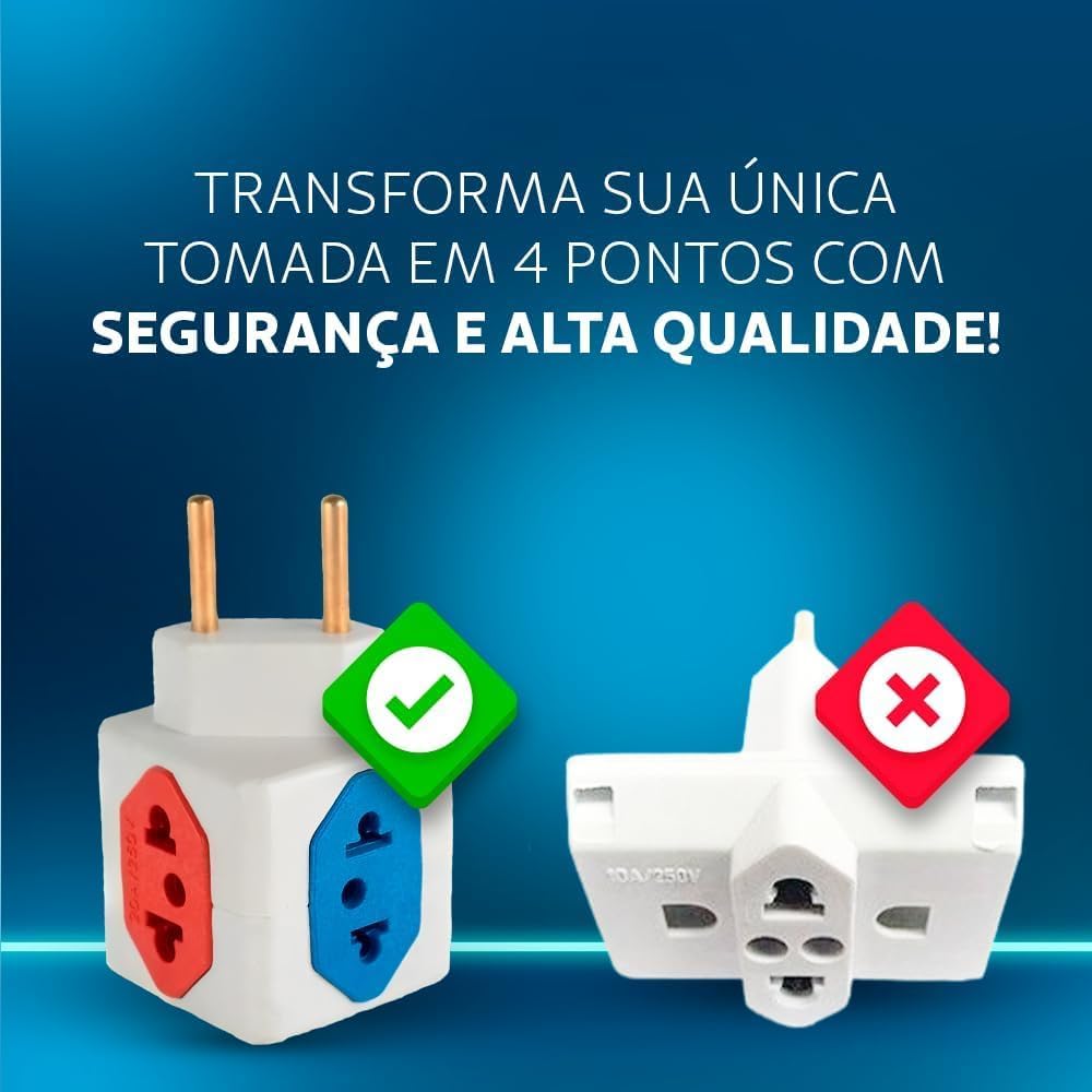 KIT Com 2 Adaptadores Benjamim Cubo 3D Com 3 Entradas de Tomada 10 Amperes E 1 Entrada de Tomada 20 Amperes CORES SORTIDAS Plug Padrão Novo 3 Pinos Resistente PREMIUM ONYK