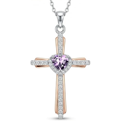 Birthstone Cross Necklace for Women 14K Rose Gold/925 Silver Filled Cross Pendant Christian Religious Jewelry Anniversary Valentine's Day Birthday Day Gifts for Her Wife Mom