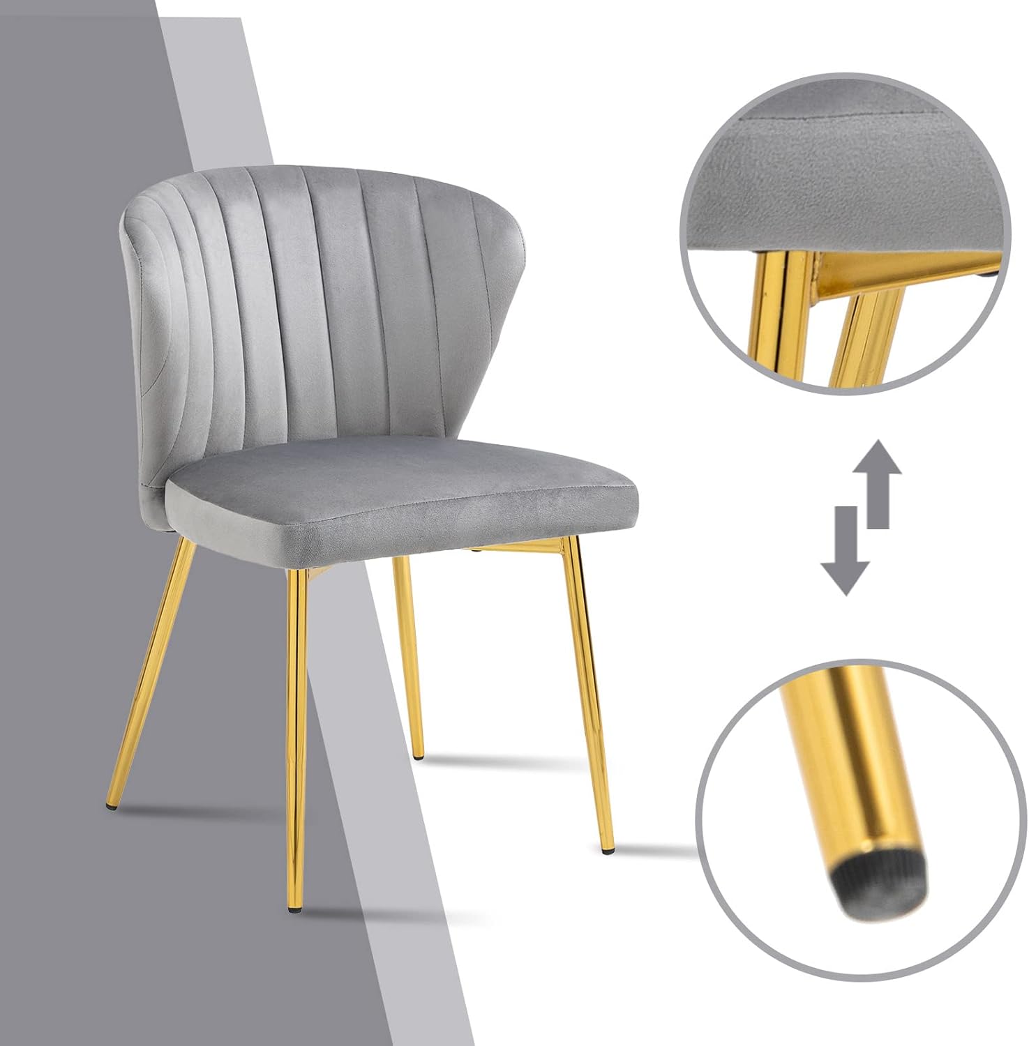 MOJAY Velvet Dining Chairs Set of 2, Modern Upholstered Dining Room Chairs with Gold Metal Legs, Accent Vanity Chairs for Kitchen, Living Room, Patio (Grey)