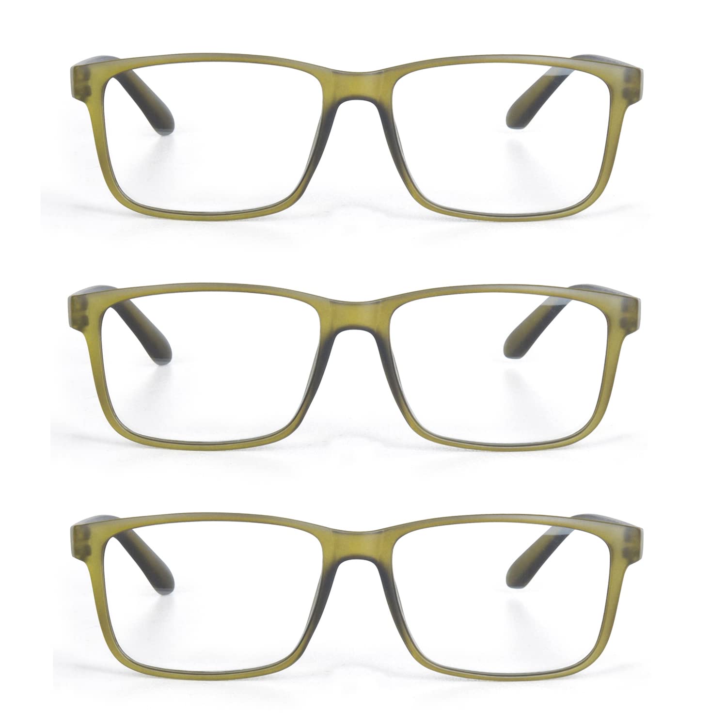 EYE ZOOM 3 Pack Plastic Frame Classic Rectangular Style Reading Glasses for Men and Women, Brown, Green and Grey