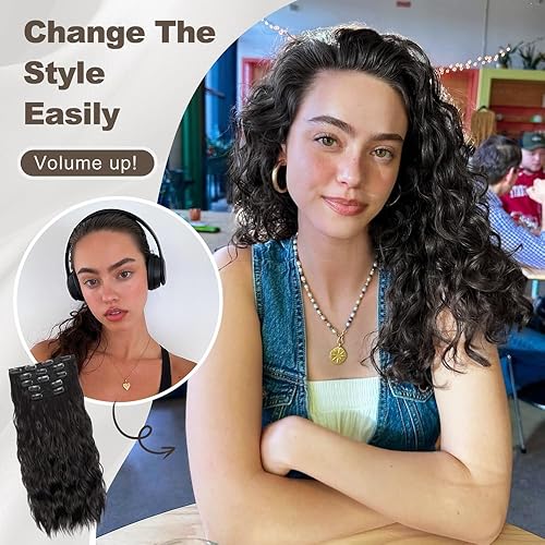 Miniatura 2 de ALXNAN Extensiones de cabello con clip, extensiones de cabello negro de 16 pulgadas, extensiones de cabello grueso y largo con ondas de sirena,