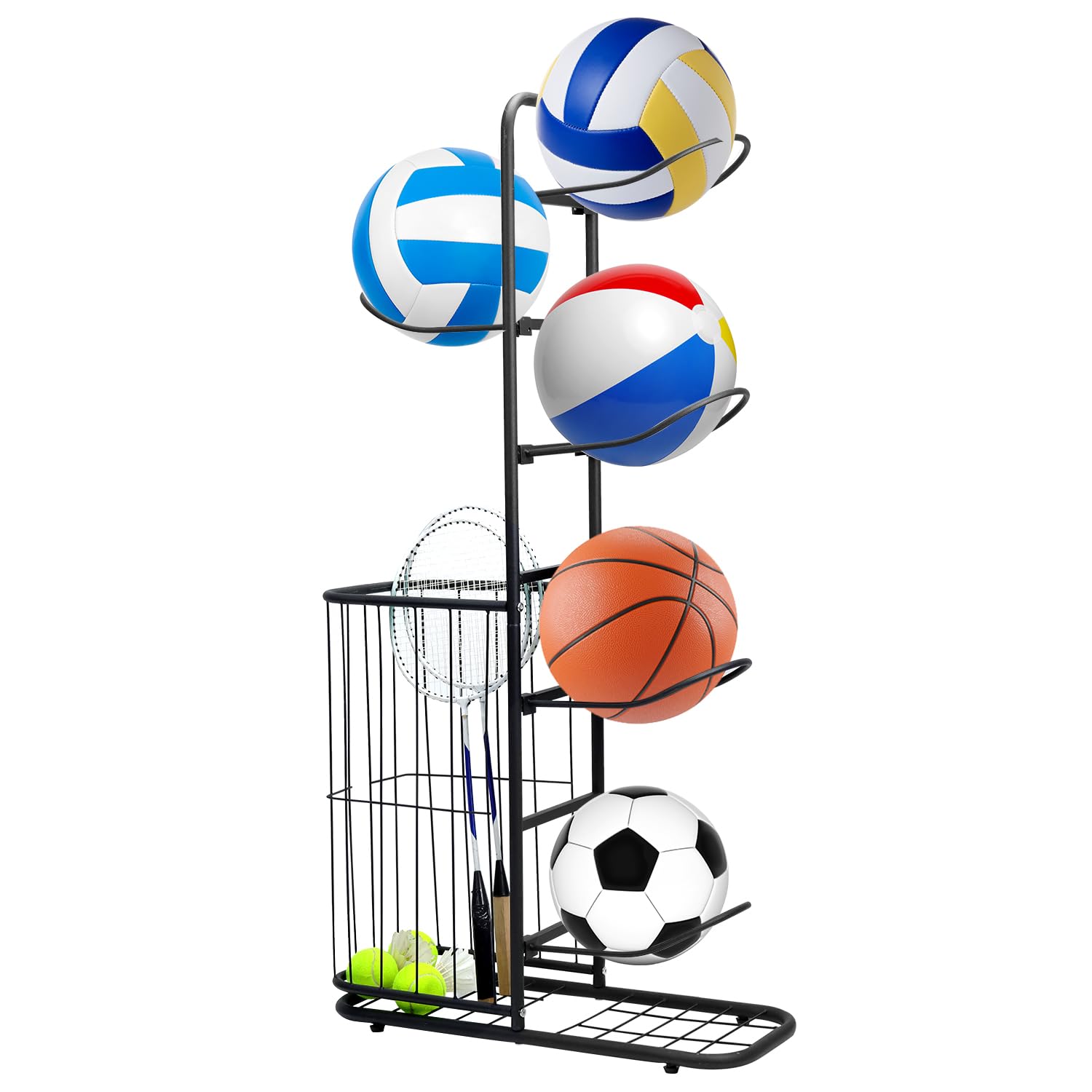 QWORK® Estante de Almacenamiento de Baloncesto, Soporte para Pelotas con 5 Soportes para Pelotas y Cestas, Organizador para Equipo Deportivo, 116 * 23.5 * 58cm