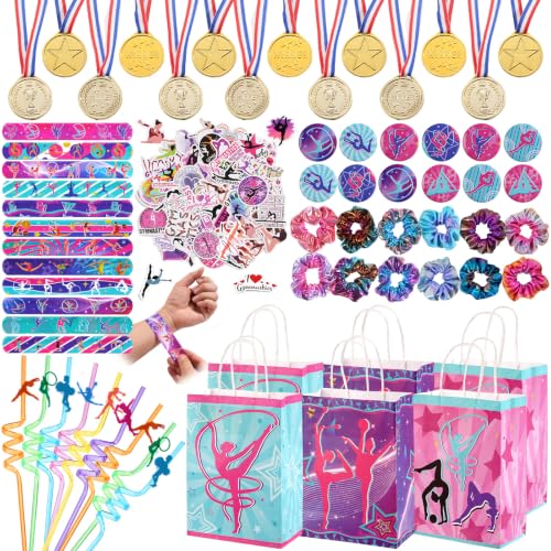 Vanblue 122 Pcs Gymnastics Party Favors Gymnastics Birthday Party Decorations scrunchies gold medals Goodie Bag Stuffers for Women Girls Gym Yoga Sports Theme Supplies