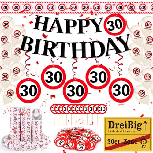 WenmthG 30 Geburtstag Deko Männer Frauen 30. Geburtstag Deko mit Girlande Luftballons Absperrband Luftschlangen Banner Konfetti Tortendeko - Verkehrsschild zum 30 Jahre 30. Geburtstagsdeko
