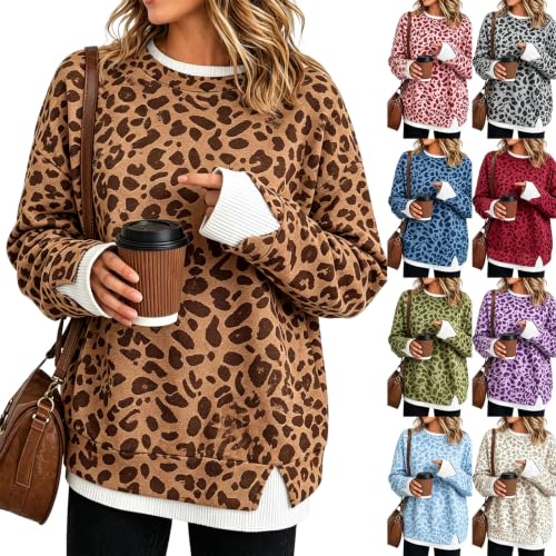 Oversized Crewneck Sweatshirt Women Y2K Leopard Print Patchwork Sweatshirt - image 1