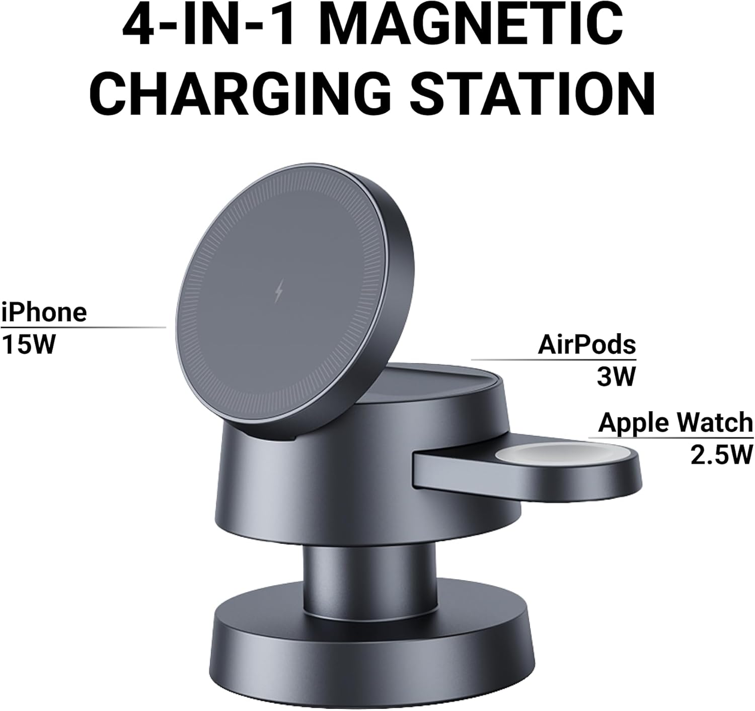 Hexcal 4-in-1 Magnetic Wireless Charging Station - Foldable Travel Stand for iPhone 17, 16, 15 Pro Max, Apple Watch & AirPods - Hexcal Portable Multi-Device Charging Dock with USB Port - Space Gray