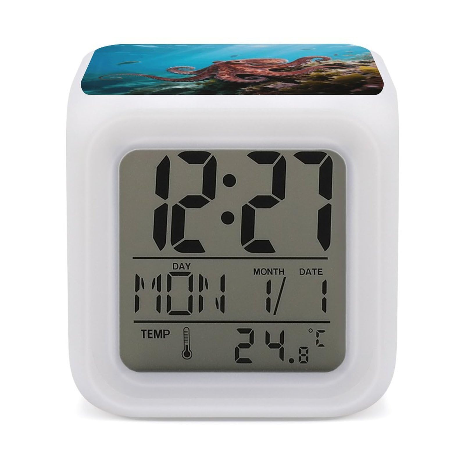 FodPand 7 Color Ambient Night Light Cube Battery Operated Octopus Digital Clock with Snooze Temperature LED Digital Alarm Clocks Dimmable Wake Up Light Portable Mood Lamp for Bedroom Desk Gift