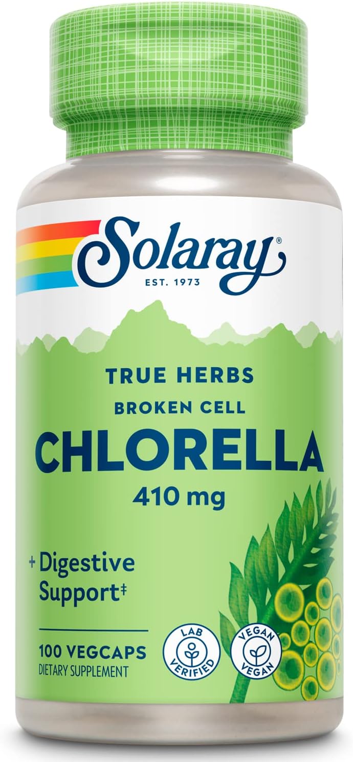SOLARAY Broken Cell Chlorella 410 mg | Nutrient-Rich Superfood w/Naturally Occurring Protein, Vitamins, Minerals, Chlorophyll | Non-GMO | 100 VegCaps