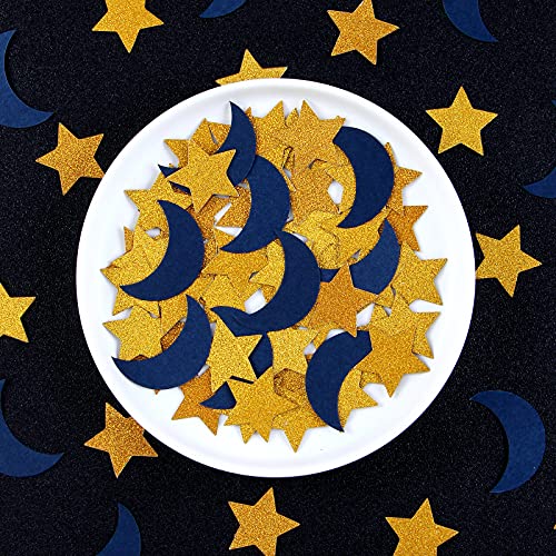 Image of Navy-Blue Moon Gold Star Confetti - 300pcs Glitter Twinkle Little Star Table Confetti Eid Ramadan Mubarak Decoration Birthday Wedding Baby Shower Party Decor Lasting Surprise