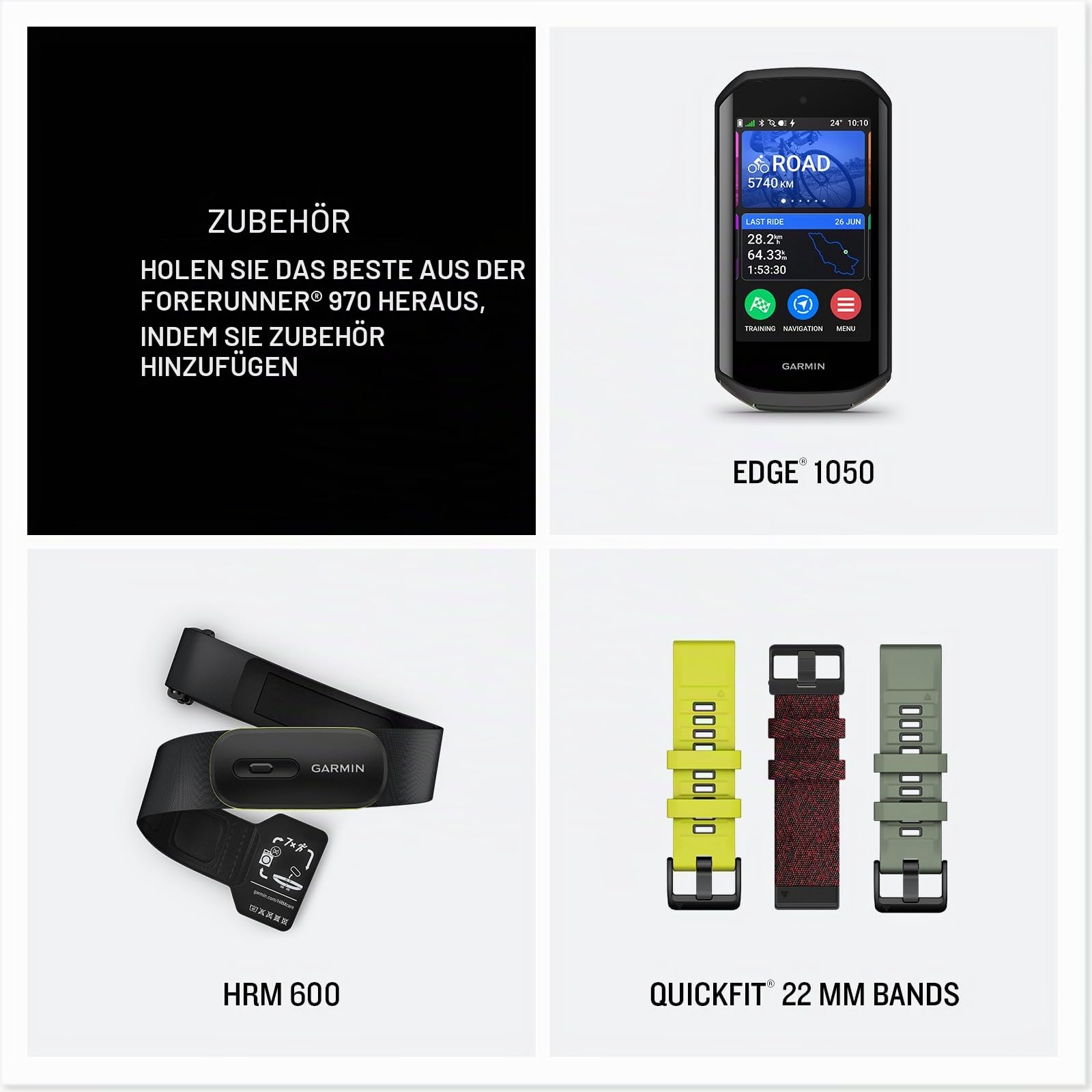 Garmin® Forerunner® 970 Premium GPS-Lauf- und Triathlon-Smartwatch, AMOLED-Display, integrierte LED-Taschenlampe, Carbongrau DLC Titan mit schwarzem Gehäuse und schwarz-durchscheinendem Weißstein-Band