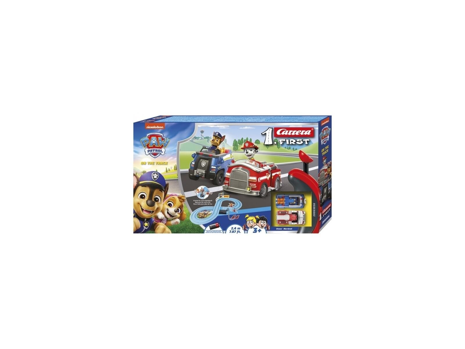 Carrera First PAW Patrol, On the Track – Spielbahn mit Chase & Marshall, kindgerechte Handregler, 2,4 Meter Strecke & interaktive Elemente – Für kleinen Rennspaß und Abenteuer