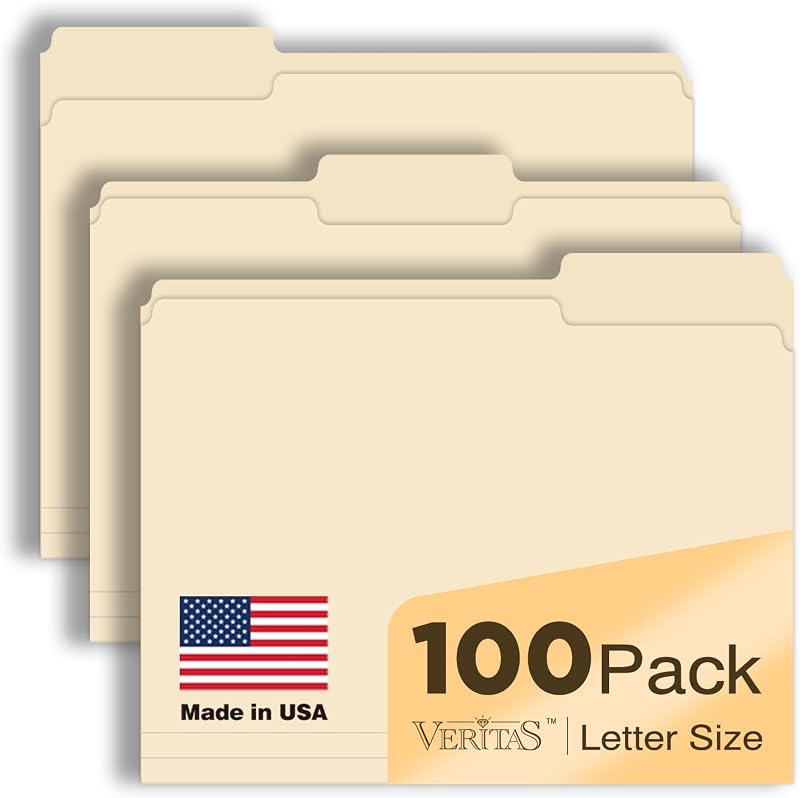 Manilla Folders 8.5 x 11 File Folders Letter Size Manila Folder with 1/3 Cut Tab 100 Pack Paper Folders for Office, School, Home, Business Filing Supplies Made in USA