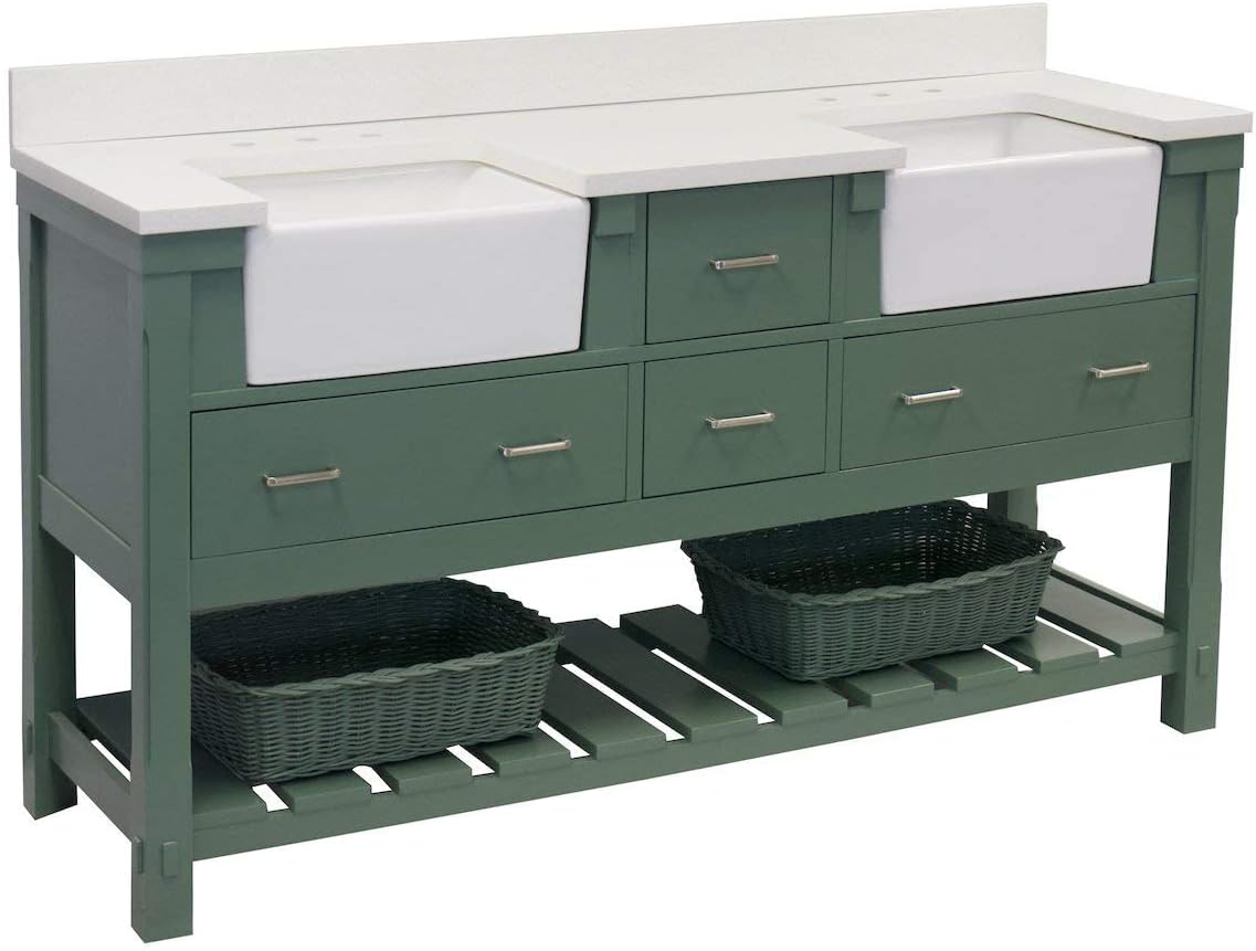 Kitchen Bath Collection Charlotte 72-inch Double Bathroom Vanity (Quartz/Sage Green): Includes Sage Green Cabinet with Stunning Quartz Countertop and White Ceramic Farmhouse Apron Sinks