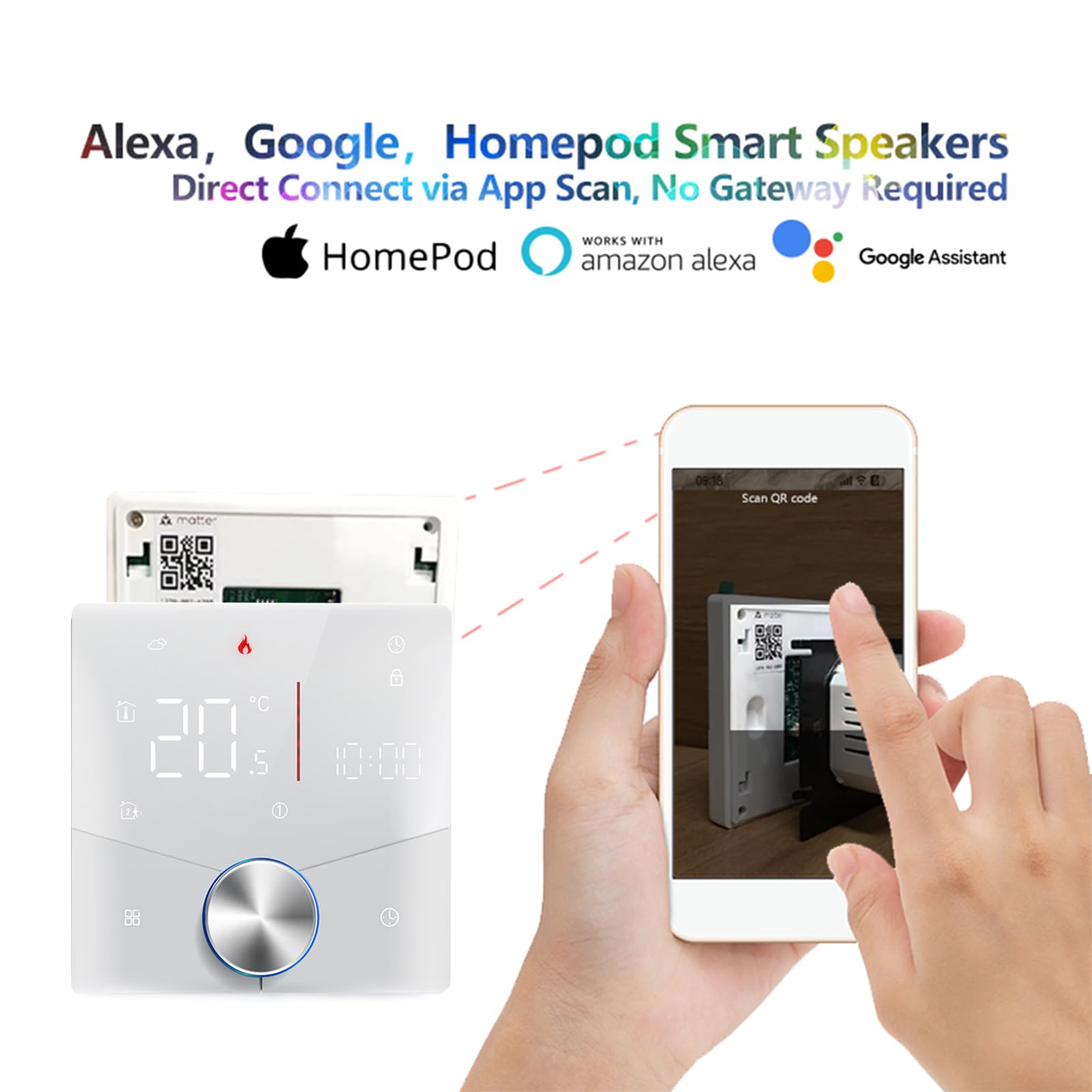 Matter Termostato Intelligente per Caldaia Gas/Acqua Individuale Riscaldamento funziona con Alexa Google Home Homekit Apple Home, Contatto Secco 5A 95~240V AC