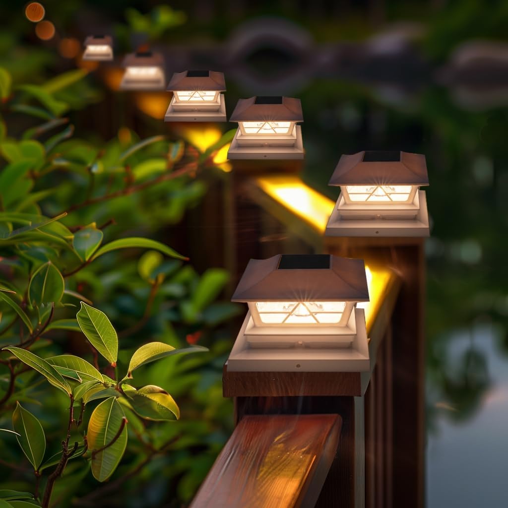 TW SHINE 6 Pack 4x4 Solar Post Cap Lights, 2 Modes White Solar Fence Lights Waterproof Warm White/Cool White for Yard, Garden, Porch Decor, for 5x5 6x6 Wood Posts