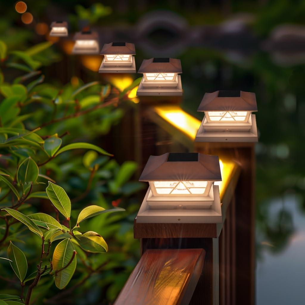 TW SHINE Confezione da 8 luci solari per recinzioni esterne, 2 modalità, impermeabili, bianco caldo/bianco freddo, per cortile, giardino, veranda, patio, per pali in legno da 4 x 4, 5 x 5, 6 x 6