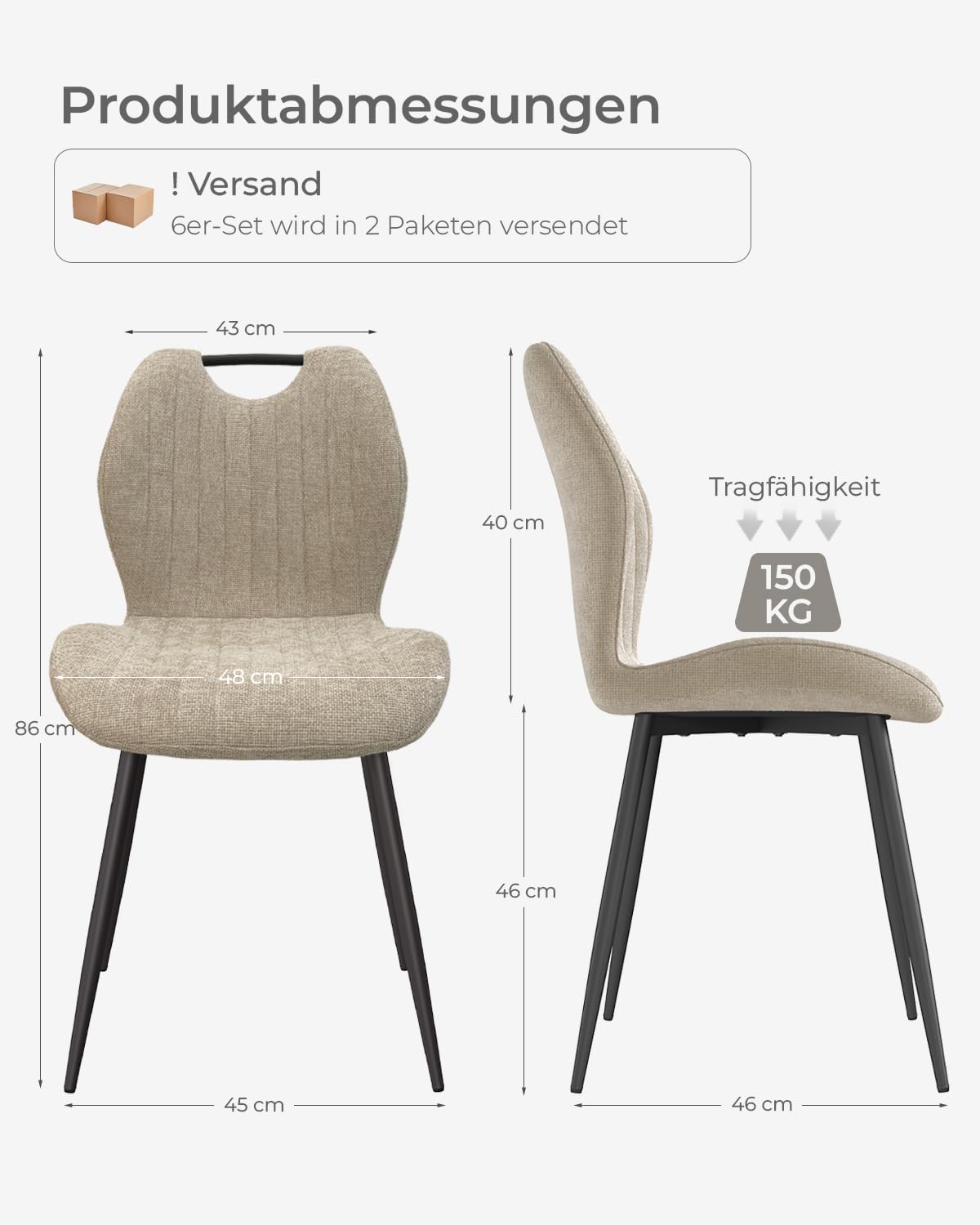 JIJIAN Esszimmerstühle 6er Set mit Leinenstoff und Metallbeinen, Haferbeige