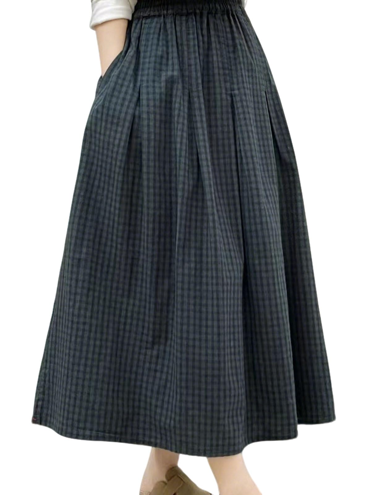 utcoco Womens Gingham Midi Skirt Elastic High Waist A-Line Flared Long Skirt for Casual Daily Office Wear