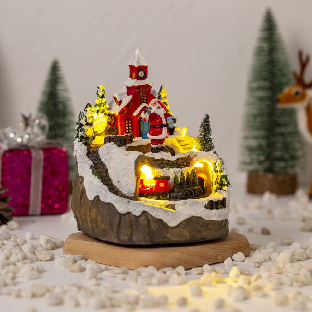 Uposao Decoración de Navidad LED Papá Noel muñeco de nieve resina con iluminación, música, casa de Navidad, miniatura, pueblo de Navidad, decoración con decoración de nieve, escena de Navidad, mesa