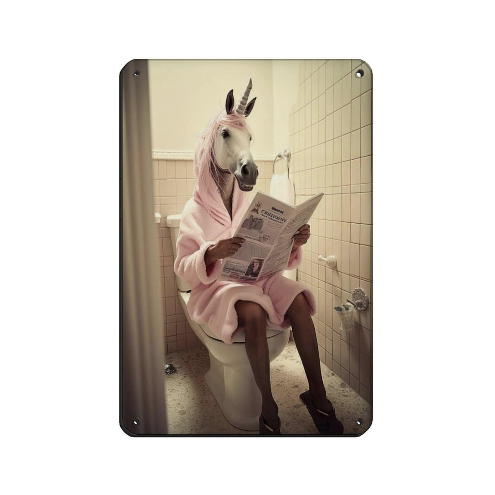 Unicorn Sitting on The Toilet Reading A Newspaper Tin Sign Vintage Metal Pub Club Cafe Bar Home Wall Art Decoration Poster Retro 8x12inch(20x30cm)
