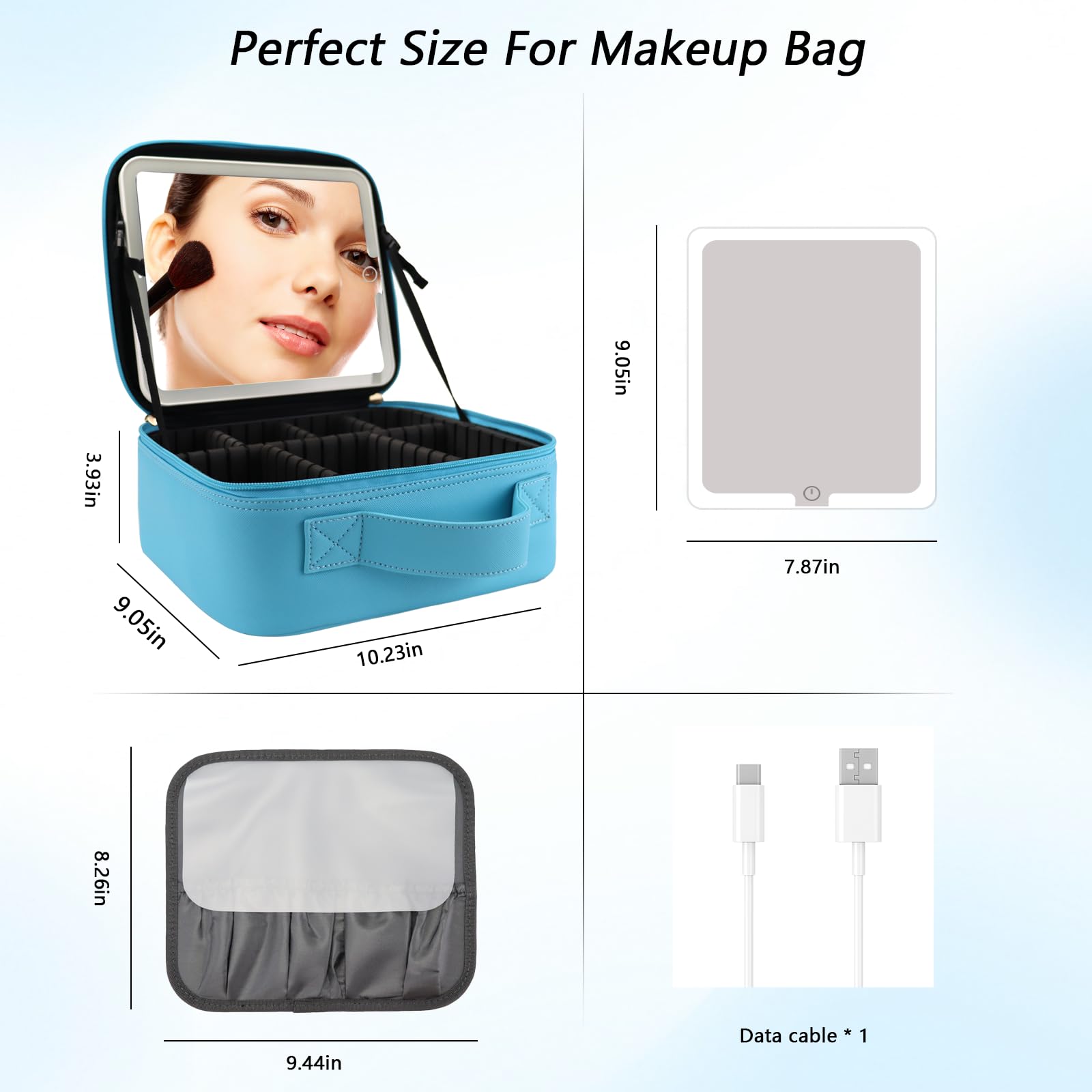 Make-up-Tasche mit LED-Spiegel, Reise-Make-up-Organizer mit 3 beleuchteten Einstellungen, verstellbaren Trennwänden und Make-up-Pinsel-Aufbewahrung, 8-blau